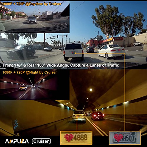Ampulla Cruiser Dual Dash Cam, Super HD 1296P Front & 720P Rear Dash Cam 170°& 160°Ultra Wide Angle Dashboard Camera G-Sensor WDR LDWS & 32GB Card Included