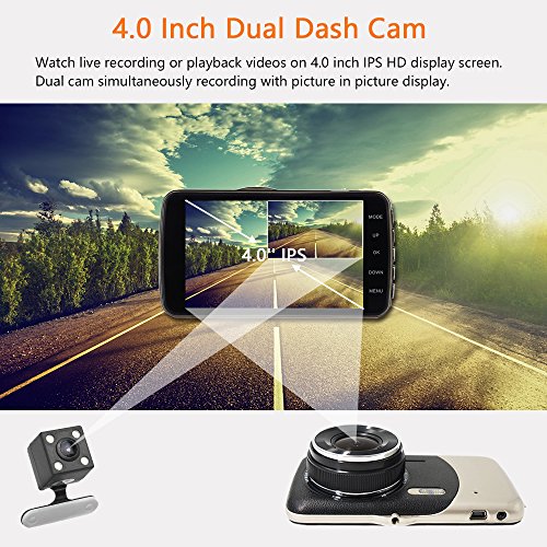Dash Cam Front and Rear Dual Camera for Cars, 4.0 Inch IPS HD Screen, 1080P HD 170 Wide Angle Lens, G-sensor, Parking Mode, Loop Recording