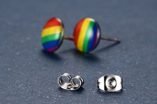 MG Gay Pride Jewelry Stainless Steel Rainbow Striped Round Dot Stud Earrings for Men Women,Gay and Lesbian LGBT Pride Earrings
