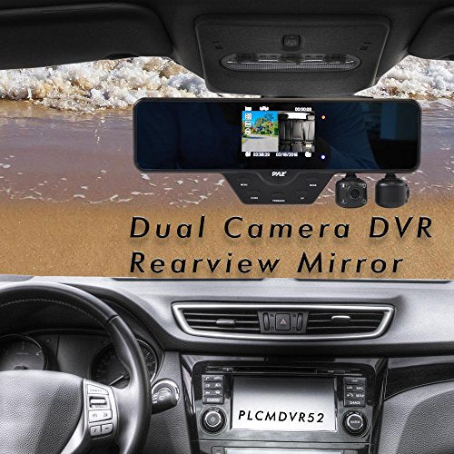 Pyle Rearview Mirror Dual Car Dash Camera Recorder For Security Night Vision HD 1080P (PLCMDVR52)