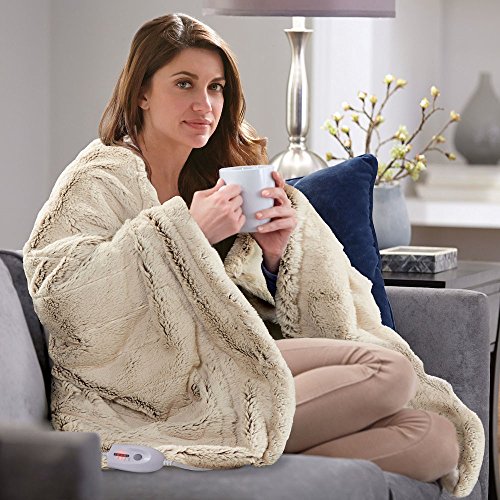 Serta Faux Fur Reversible Electric Heated Throw, Sand