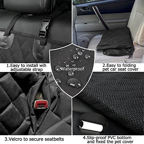 EVELTEK Car Seat Covers for Dogs, Non Slip Waterproof Pet Travel Hammock Car Seat Protector for Back Seat with Side Flaps, Pockets & Hammock Front Zipper Design for Cars Trucks and SUVs (Black)