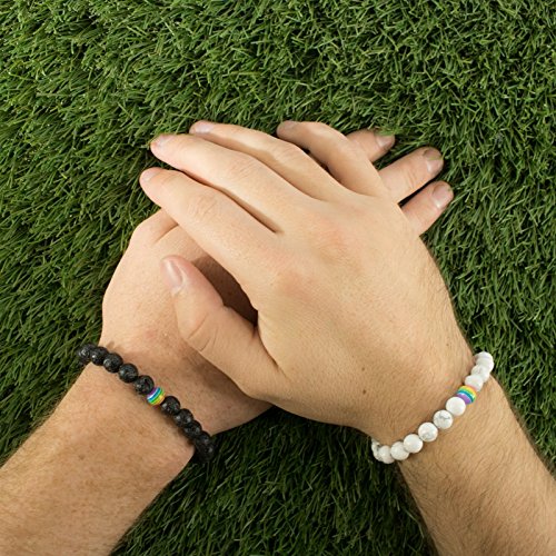 LGBT Relationship Bracelet | 2 Pieces | White Howlite, Black Lava Rock, Rainbow Resin | Oil Diffuser Beads | Gay Couples Strong Cord | Handmade | Love is Colorful