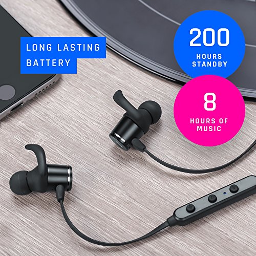 Bluetooth Headphones, AC M1 High Quality Earbuds Sport Wireless headphones bluetooth Aptx with Mic, Bluetooth Earphones with Stereo HD sound, 8 HOURS play time, IPX4 Sweatproof, magnetic design, Secure fit,Black