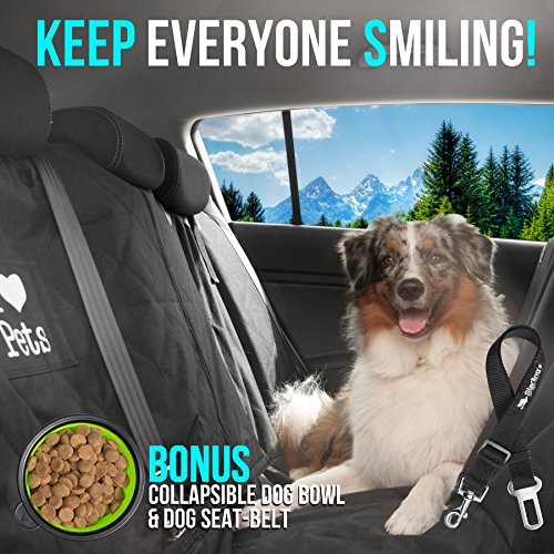 Dog Car Covers for Backseat by Starling’s Hammock Style|Latest Model, Heavy Duty, Waterproof, Non-Slip & Vents for All 3 Seat Belts|Fits All Vehicles, SUV! W/Dog Bowl & Pet Seat-Belt