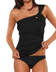 Women's One Shoulder Swimsuit Sexy Two Piece Ruched Tankini Tummy Control Bikini Set