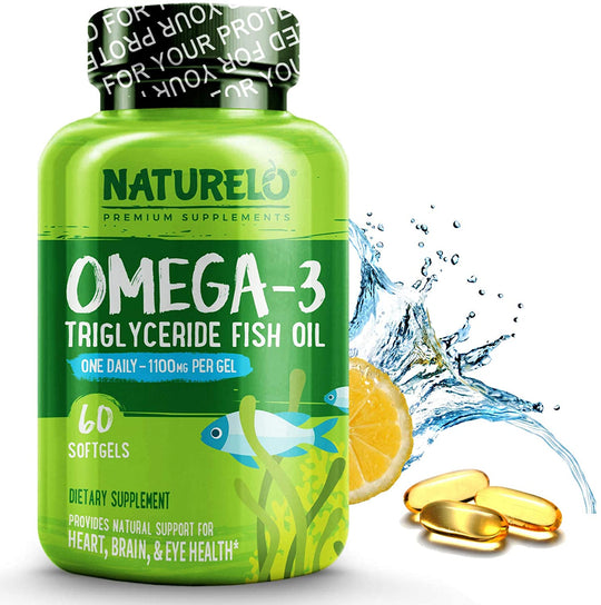 NATURELO Premium Omega-3 Fish Oil - 1100 mg Triglyceride Omega 3 - High Strength Burpless DHA EPA Supplement - Best for Brain Heart Joint Health - 60 Softgels | 2 Month Supply