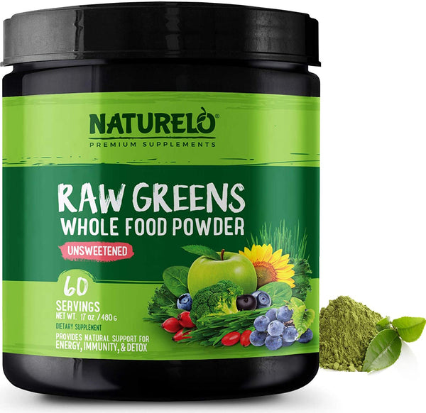 NATURELO Raw Greens Superfood Powder - UNSWEETENED - Boost Energy, Detox, Enhance Health - Organic Spirulina & Wheat Grass - Whole Food Vitamins from Fruit & Vegetable Extracts - 30 Servings