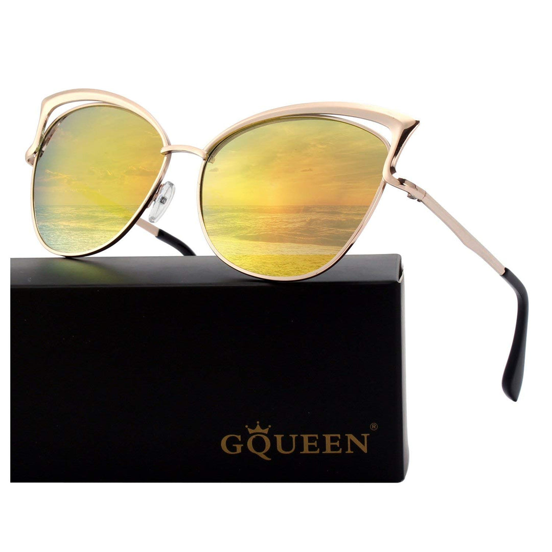 GQUEEN Women's Oversized Polarized Metal Frame Mirrored Cat Eye Sunglasses MT3