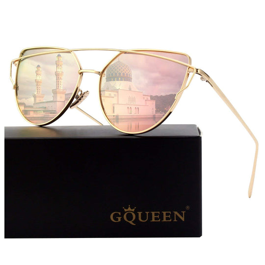 GQUEEN Women's Oversized Polarized Metal Frame Mirrored Cat Eye Sunglasses MT3