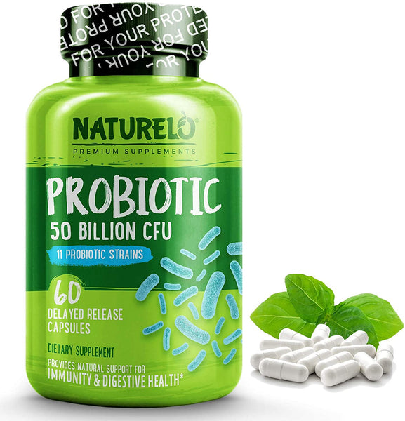NATURELO Probiotic Supplement - 50 Billion CFU - 11 Strains - One Daily - Best for Digestive Health, Immune Support - Ultra Strength Probiotics - No Refrigeration Needed - 30 Vegan Capsules