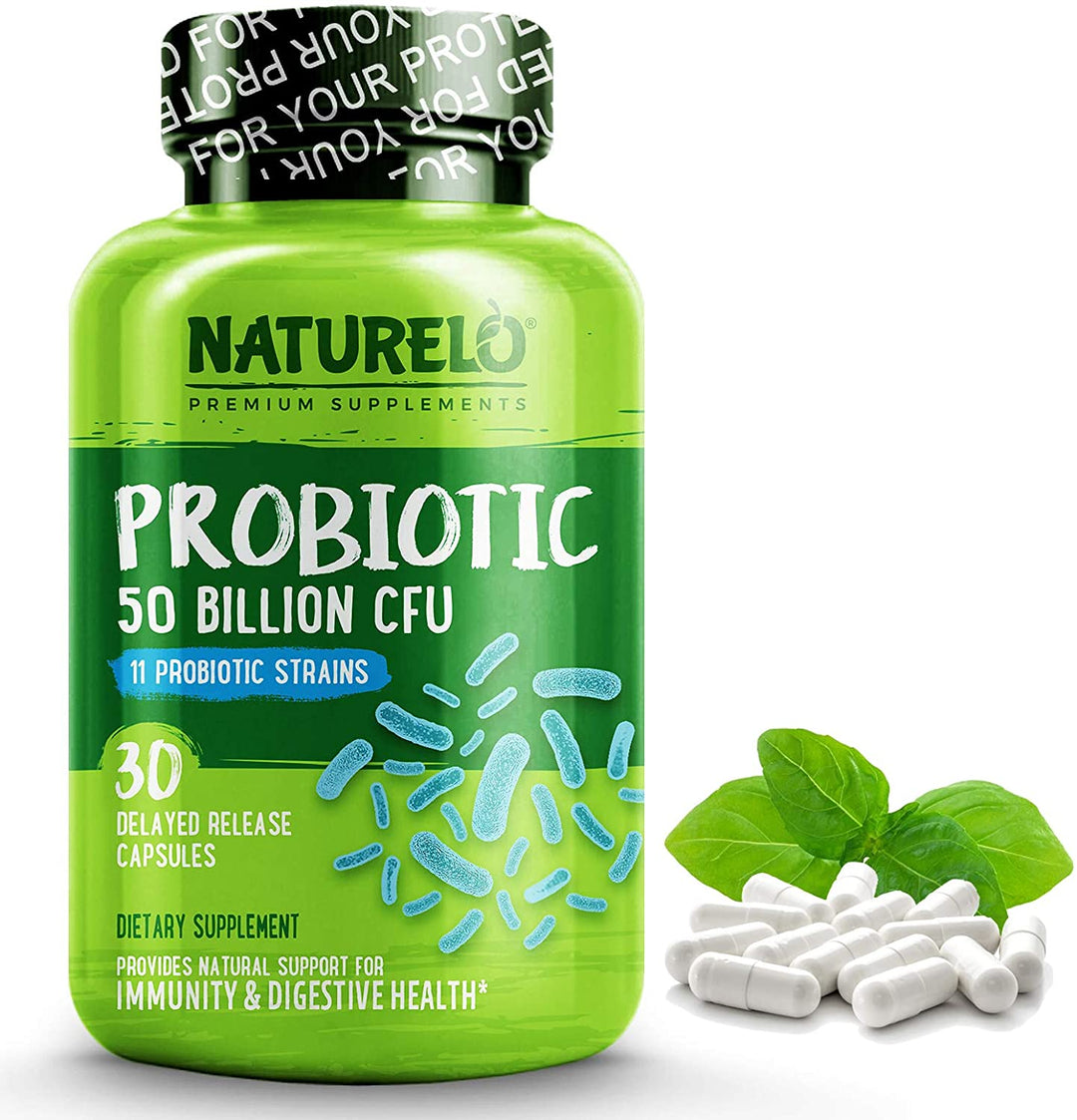 NATURELO Probiotic Supplement - 50 Billion CFU - 11 Strains - One Daily - Best for Digestive Health, Immune Support - Ultra Strength Probiotics - No Refrigeration Needed - 30 Vegan Capsules