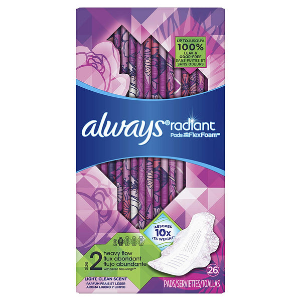 Always Radiant Pads, Size 1, Regular Absorbency, Light Clean Scent, Pack of 3 (90 Total Count) (Artwork May Vary)