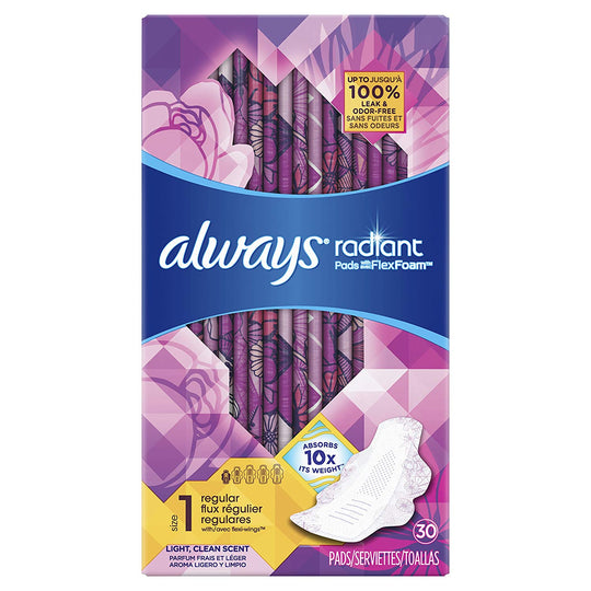 Always Radiant Pads, Size 1, Regular Absorbency, Light Clean Scent, Pack of 3 (90 Total Count) (Artwork May Vary)