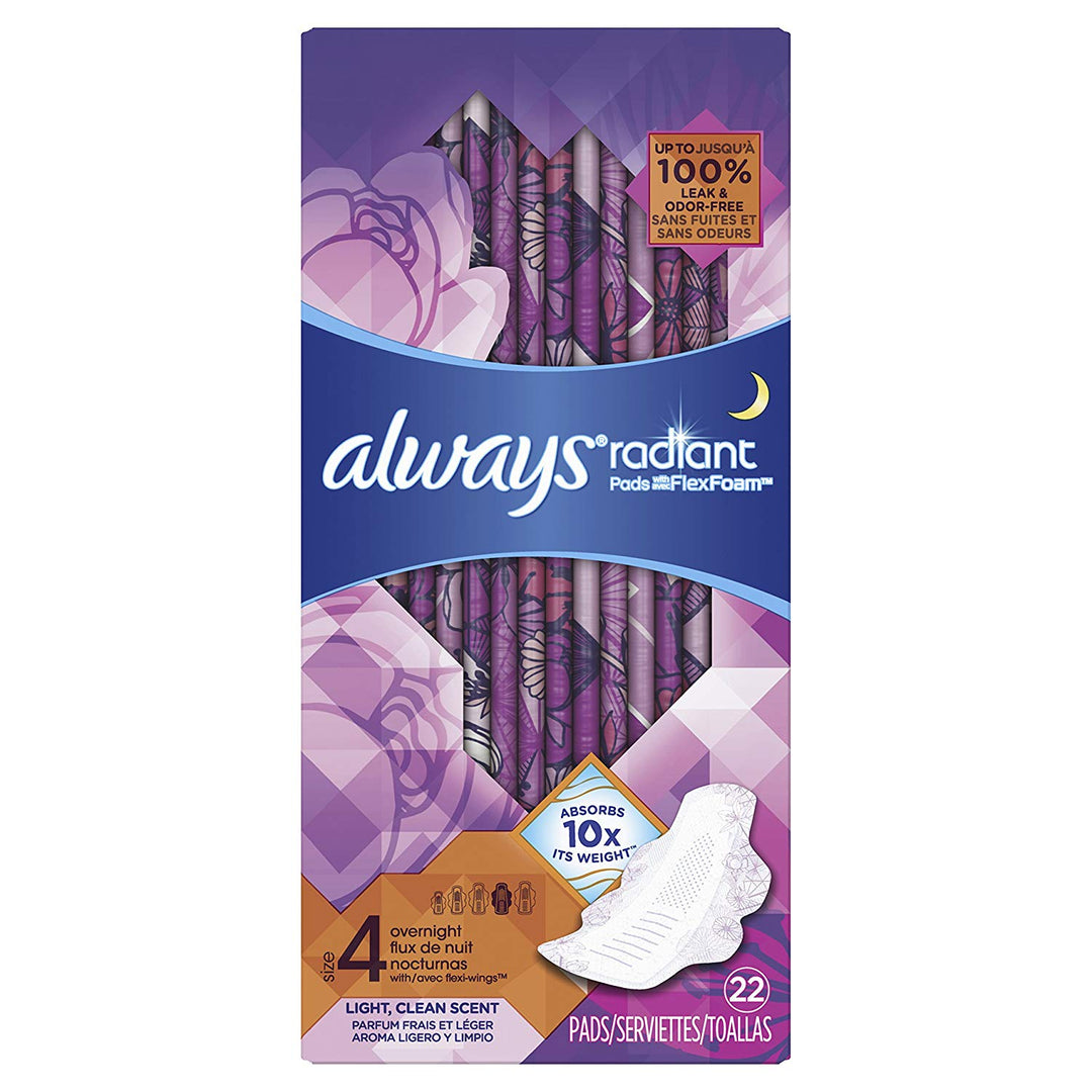 Always Radiant Pads, Size 1, Regular Absorbency, Light Clean Scent, Pack of 3 (90 Total Count) (Artwork May Vary)