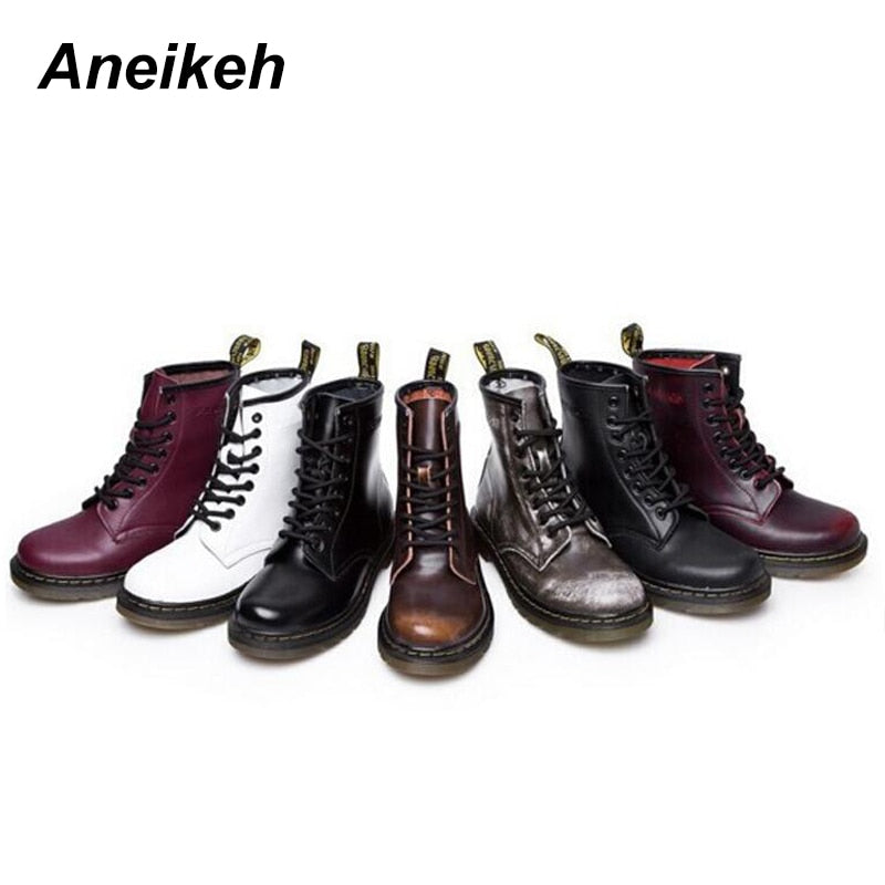 Aneikeh Women Ankle Boots Shoes Woman 2018 Spring Fall Genuine Leather Lace Up Shoes Punk Plus Size 43 44 Riding, Equestr Boots