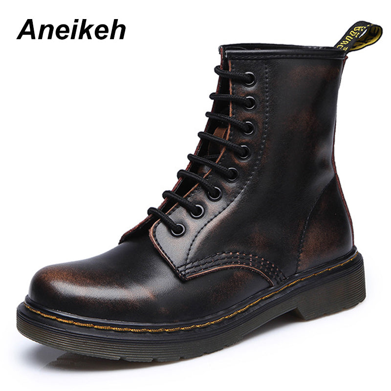 Aneikeh Women Ankle Boots Shoes Woman 2018 Spring Fall Genuine Leather Lace Up Shoes Punk Plus Size 43 44 Riding, Equestr Boots