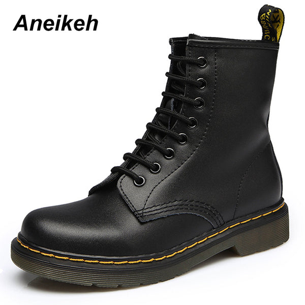 Aneikeh Women Ankle Boots Shoes Woman 2018 Spring Fall Genuine Leather Lace Up Shoes Punk Plus Size 43 44 Riding, Equestr Boots
