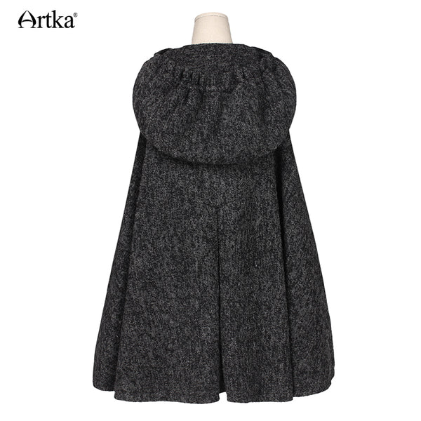 Women's Winter New Vintage Warm Woolen Hoodie Cloak Coat Embroidered Drop-Shoulder Sleeve Wool Cape Outerwear WA10220D