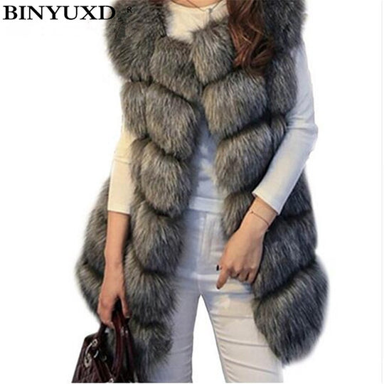 BINYUXD coat Arrival Winter Warm Fashion Women Import Coat Fur Vests High-Grade Faux Fur Coat Fox Fur Long Vest  Women's Jacket