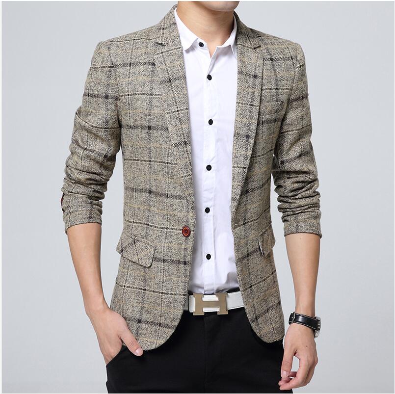 Blazer men 2017 Spring Autumn New Mens knitting Plaid Suit Fashion Single Button Casual Silm Social Business men jacket Coat