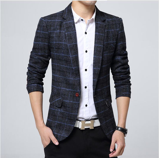 Blazer men 2017 Spring Autumn New Mens knitting Plaid Suit Fashion Single Button Casual Silm Social Business men jacket Coat