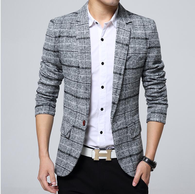 Blazer men 2017 Spring Autumn New Mens knitting Plaid Suit Fashion Single Button Casual Silm Social Business men jacket Coat