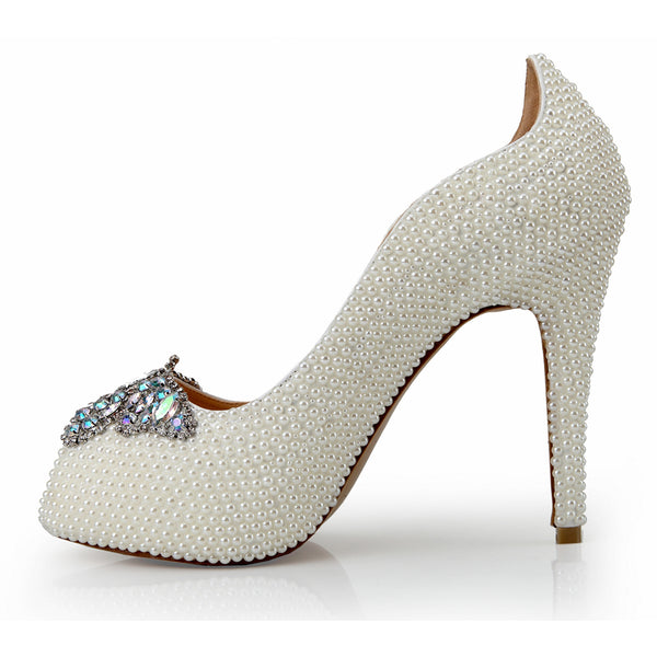 Butterfly Pearl High Heels Shoes Pearl Shoes Women Peep Toe Wedding Shoes Women's Crystal Shoes