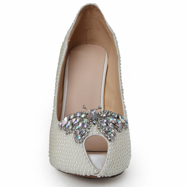 Butterfly Pearl High Heels Shoes Pearl Shoes Women Peep Toe Wedding Shoes Women's Crystal Shoes