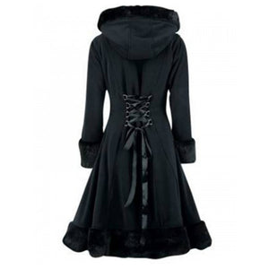 Women Black Hooded Winter Wool Coat Full Sleeve Autumn Winter Warm Female Long Cloaks Outwear Back Lace Up Wool Coat