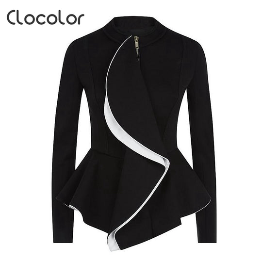 women jacket coat l2017 spring Black Tops girls O Neck  zipper work wear Long Sleeve peplum Women jacket