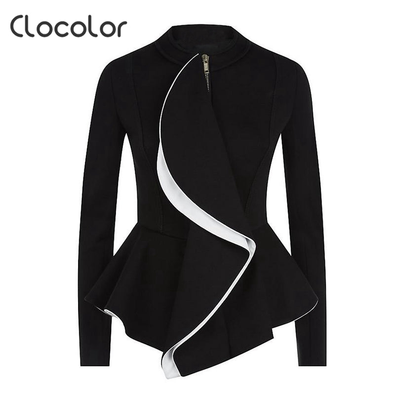 women jacket coat l2017 spring Black Tops girls O Neck  zipper work wear Long Sleeve peplum Women jacket
