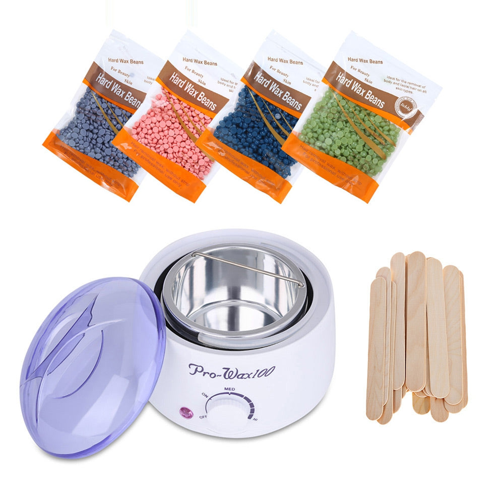 Hair Removal Wax Warmer Heater Machine + 4*100g Packs Wax Beans +20PCs Wiping Stick Hair Removal Bean Wax Warmer Heater Pot