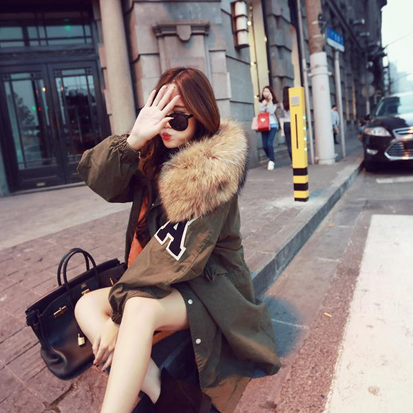 New winter jacket loose clothing hooded coat women's parkas army green large raccoon fur collar outwear TOP quality