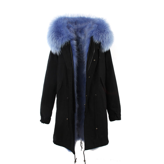 new fashion woman luxurious raccoon fur collar hooded coat white thick real fur liner parkas long winter jacket