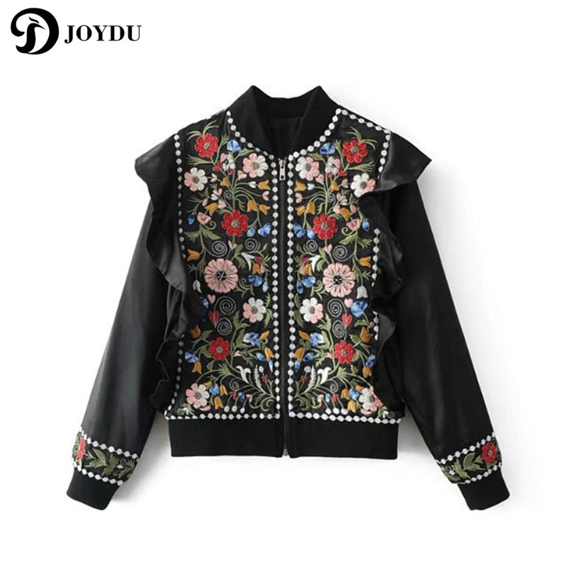 JOYDU Vintage Female Jackets for Women Bead Ruffles Fashion Coat 2017 New Ethnic Hippie Embroidery Bomber Jacket casaco feminino