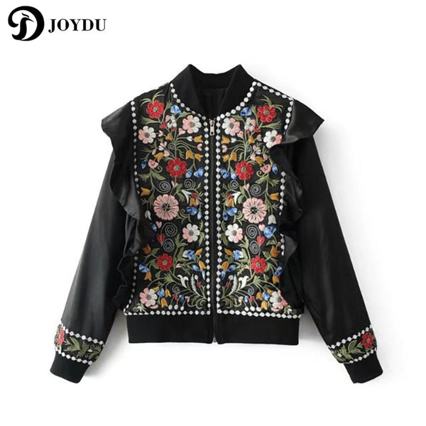 JOYDU Vintage Female Jackets for Women Bead Ruffles Fashion Coat 2017 New Ethnic Hippie Embroidery Bomber Jacket casaco feminino
