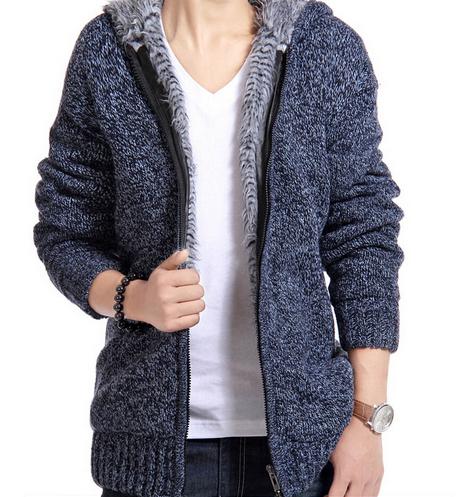Velvet Cotton Hooded Fur Jacket Mens Winter Padded Knitted all-match Casual Sweater Cardigan Coat Spring