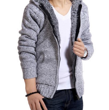 Velvet Cotton Hooded Fur Jacket Mens Winter Padded Knitted all-match Casual Sweater Cardigan Coat Spring