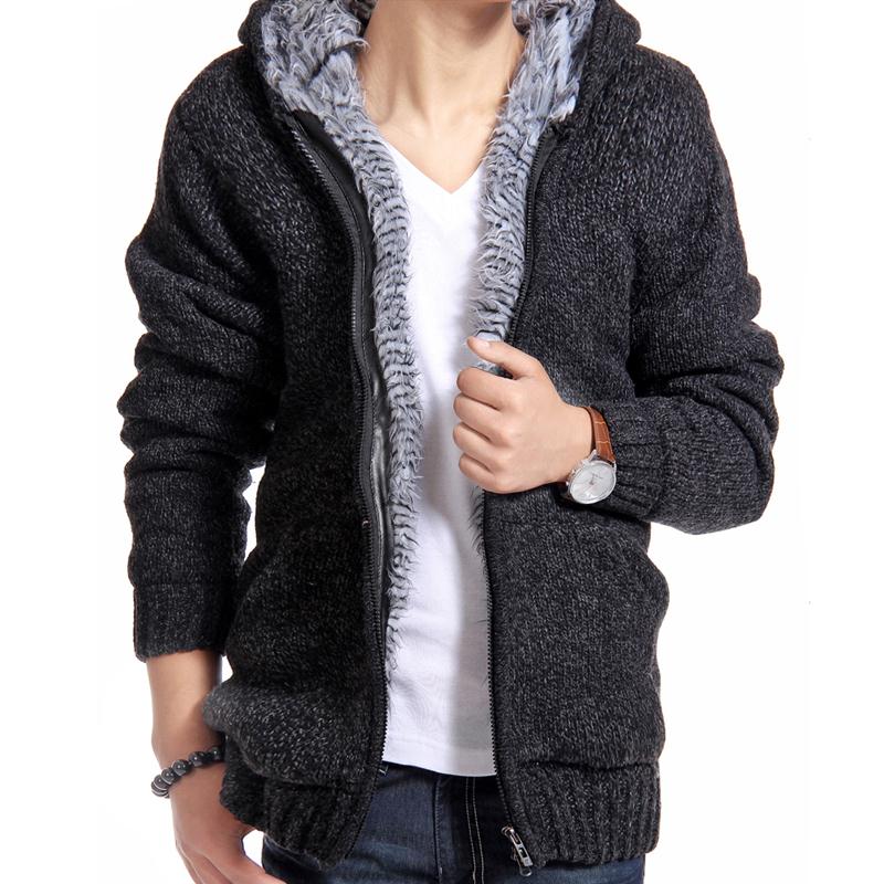 Velvet Cotton Hooded Fur Jacket Mens Winter Padded Knitted all-match Casual Sweater Cardigan Coat Spring