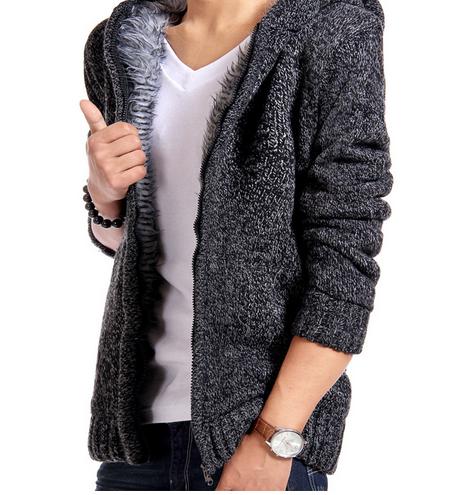 Velvet Cotton Hooded Fur Jacket Mens Winter Padded Knitted all-match Casual Sweater Cardigan Coat Spring