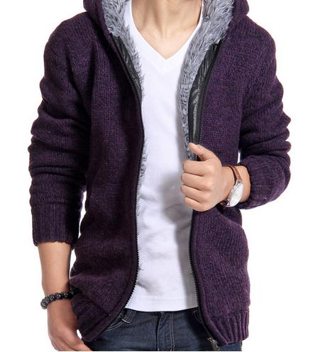 Velvet Cotton Hooded Fur Jacket Mens Winter Padded Knitted all-match Casual Sweater Cardigan Coat Spring