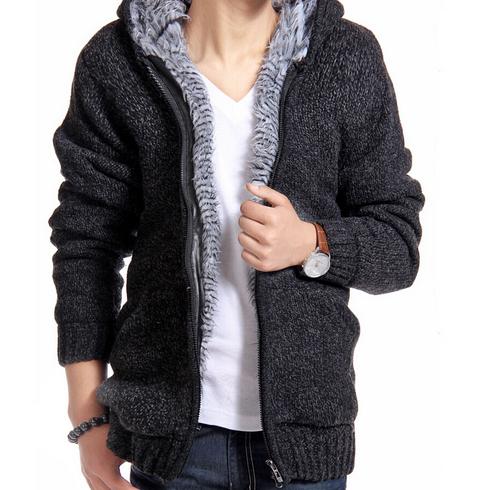 Velvet Cotton Hooded Fur Jacket Mens Winter Padded Knitted all-match Casual Sweater Cardigan Coat Spring