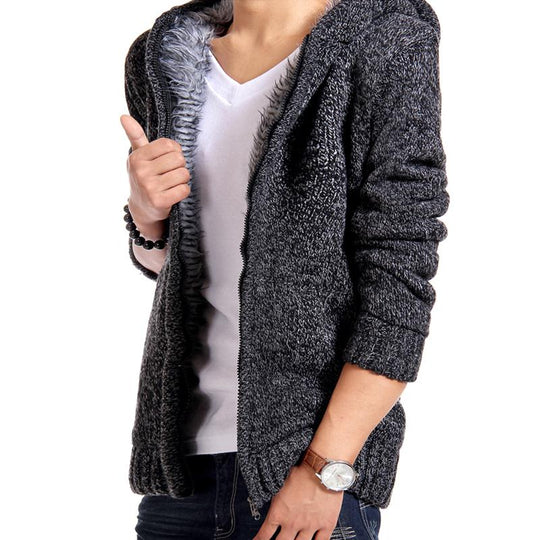 Velvet Cotton Hooded Fur Jacket Mens Winter Padded Knitted all-match Casual Sweater Cardigan Coat Spring