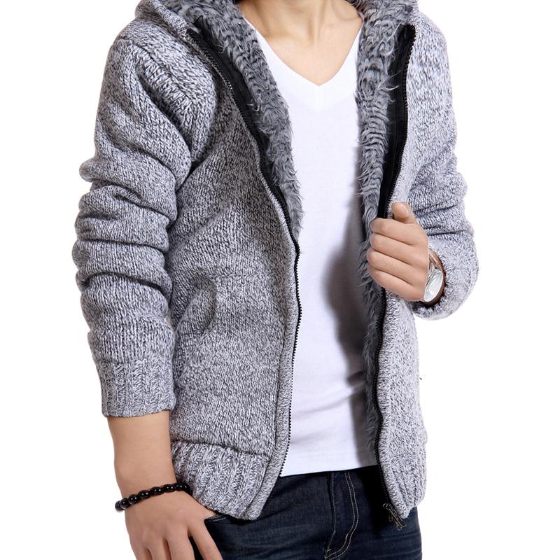 Velvet Cotton Hooded Fur Jacket Mens Winter Padded Knitted all-match Casual Sweater Cardigan Coat Spring