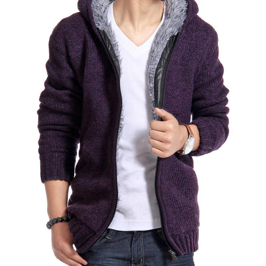 Velvet Cotton Hooded Fur Jacket Mens Winter Padded Knitted all-match Casual Sweater Cardigan Coat Spring