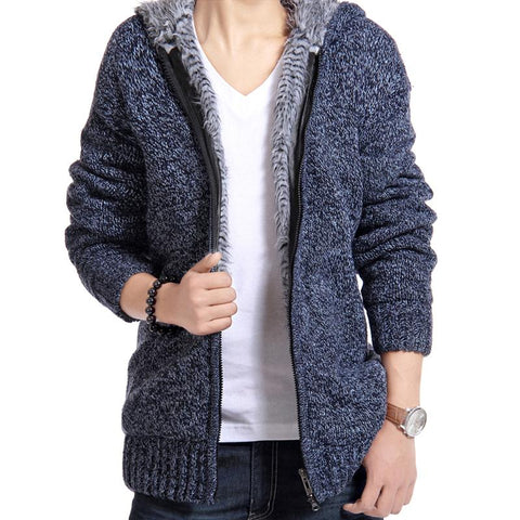 Velvet Cotton Hooded Fur Jacket Mens Winter Padded Knitted all-match Casual Sweater Cardigan Coat Spring