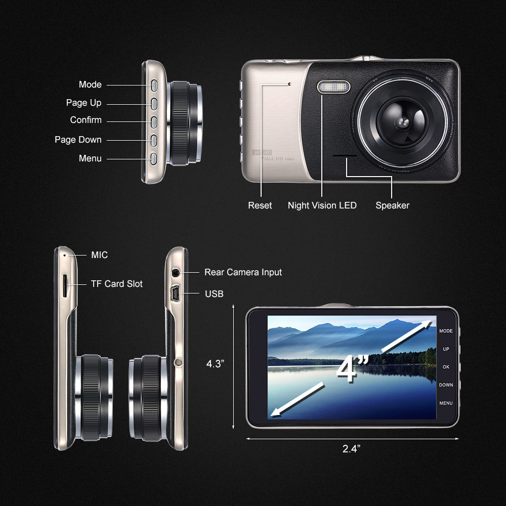 KKMOON 4"Dual Lens Car DVR Camera Recorder Dash Cam Camcorder Car DVR with Two Cameras Blackbox Dash Cam Night Vision DashCam