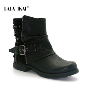 LALA IKAI Rivet Leather Ladies Ankle Boots Winter Velvet Round Toe Short Plush Zip Buckle Western Boots Motorcycle 014A2158 -4