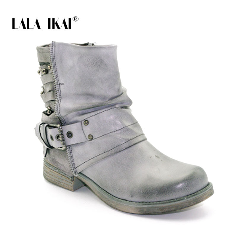 LALA IKAI Rivet Leather Ladies Ankle Boots Winter Velvet Round Toe